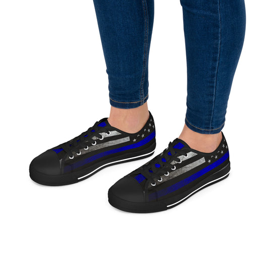 Thin Blue Line American Flag Sneakers – Black & Blue Low Top Canvas Shoes for Women, Police Support, Patriotic Streetwear