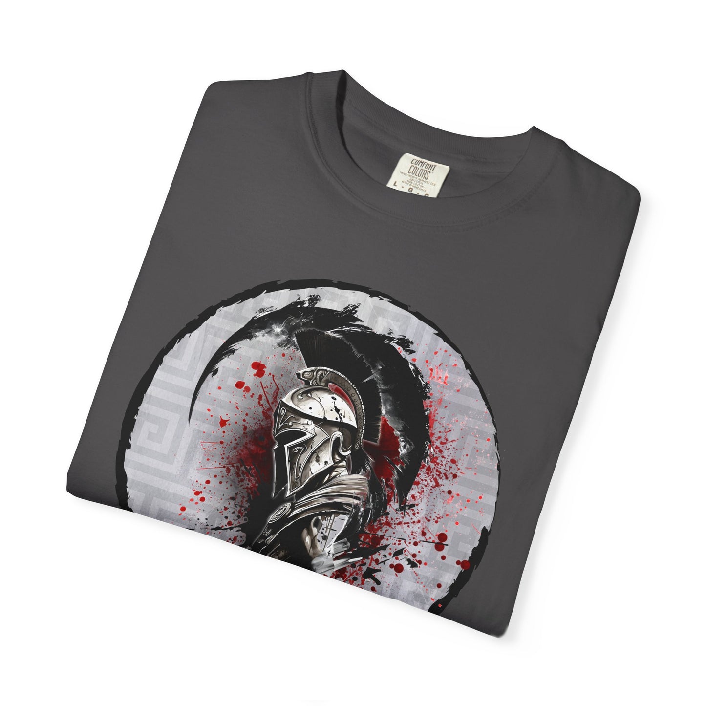 Spartan Warrior T-Shirt – Greek Helmet Circle Design Front & Spear Back | Warrior Graphic Tee