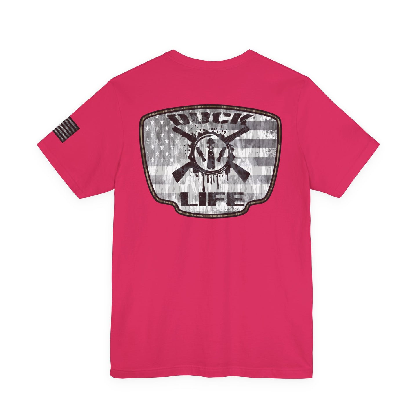 White American Flag Duck Hunting Badge T-Shirt – Mossy Camo Print, Crossed Guns & Duck Skull Graphic