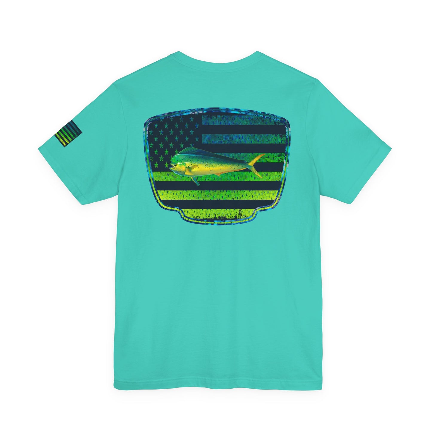 Patriotic Mahi Mahi Flag Tee – Grunge Fishing Badge Shirt for Outdoor Lovers