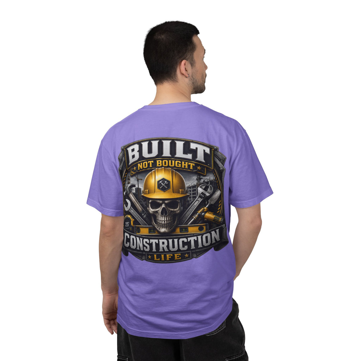 Construction Life T-Shirt — "Built Not Bought" Skull & Hard Hat Crew Tee