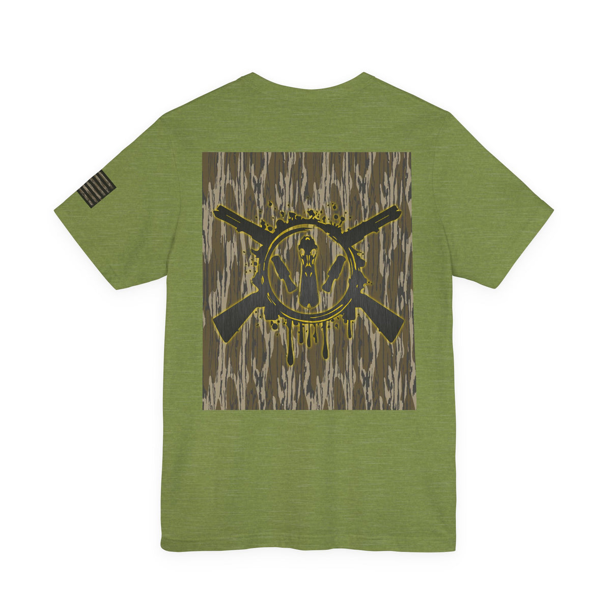 Duck Hunting Badge T-Shirt – Mossy Camo Print, Crossed Guns & Duck Skull Graphic