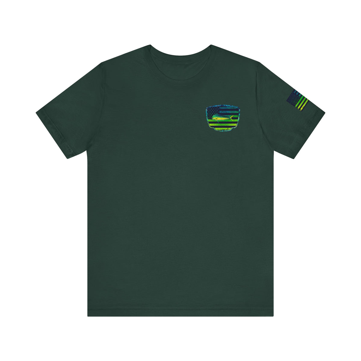 Patriotic Mahi Mahi Flag Tee – Grunge Fishing Badge Shirt for Outdoor Lovers