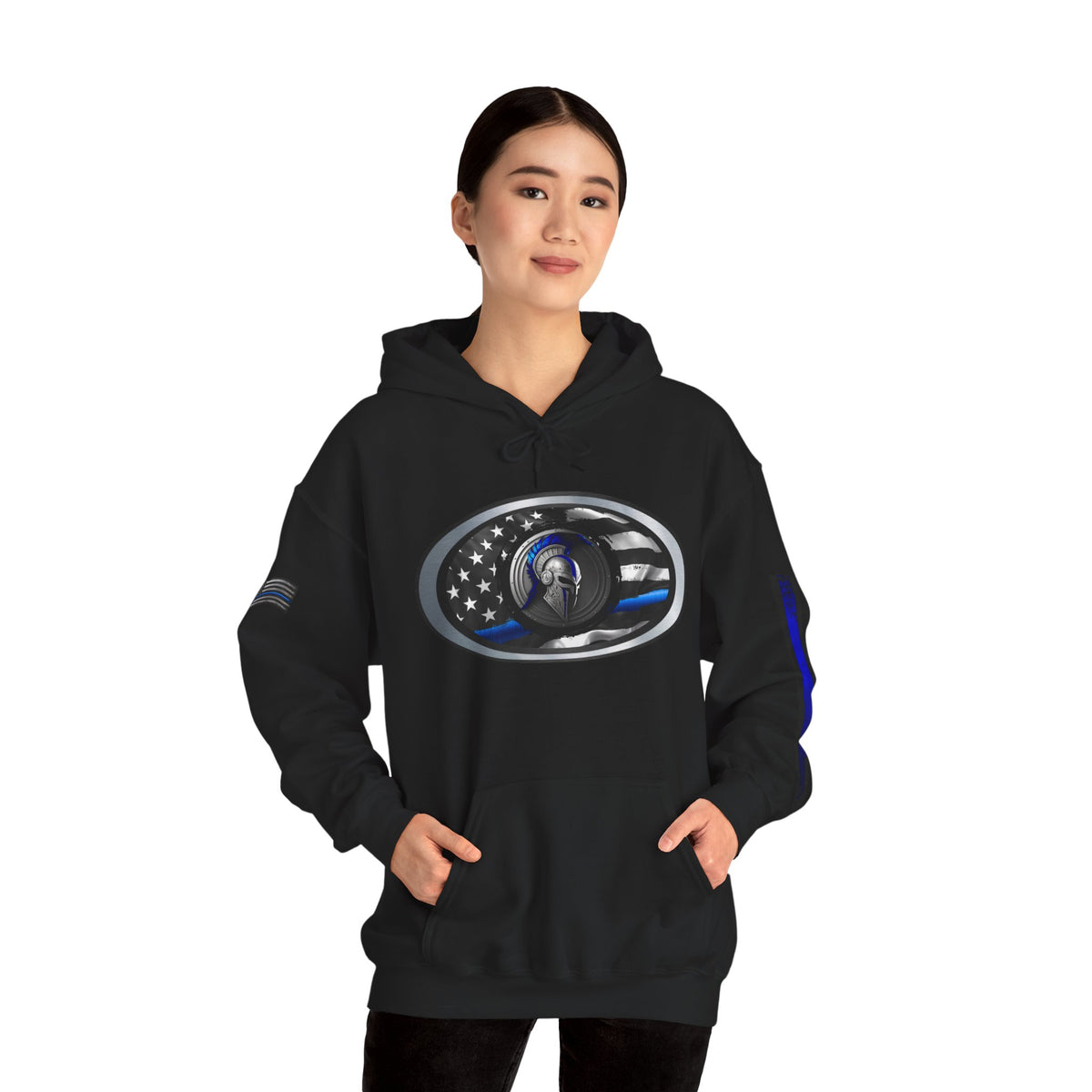 Spartan Thin Blue Line Flag Hoodie – Warrior Helmet Patriotic Sweatshirt for Police Supporters