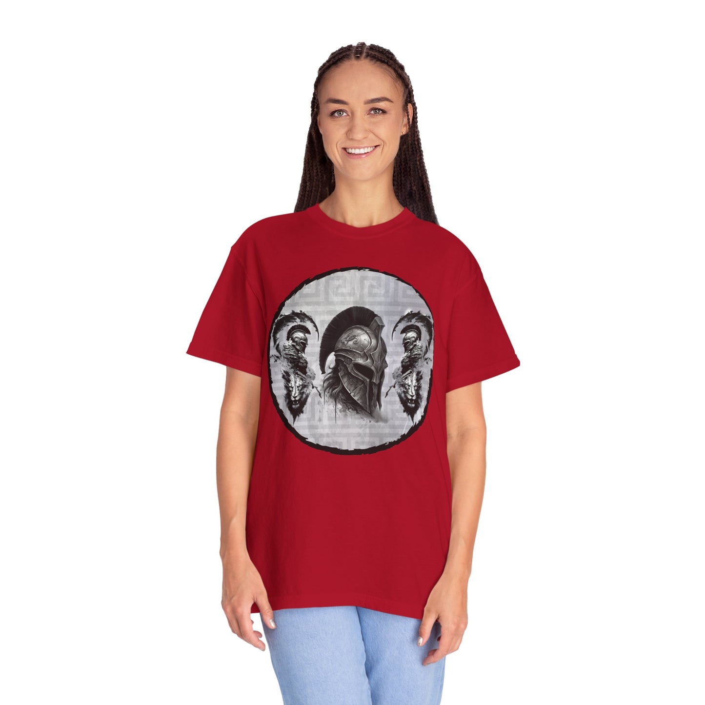 Spartan Warrior T-Shirt – Greek Helmet Circle Design Front & Spear Back | Warrior Graphic Tee