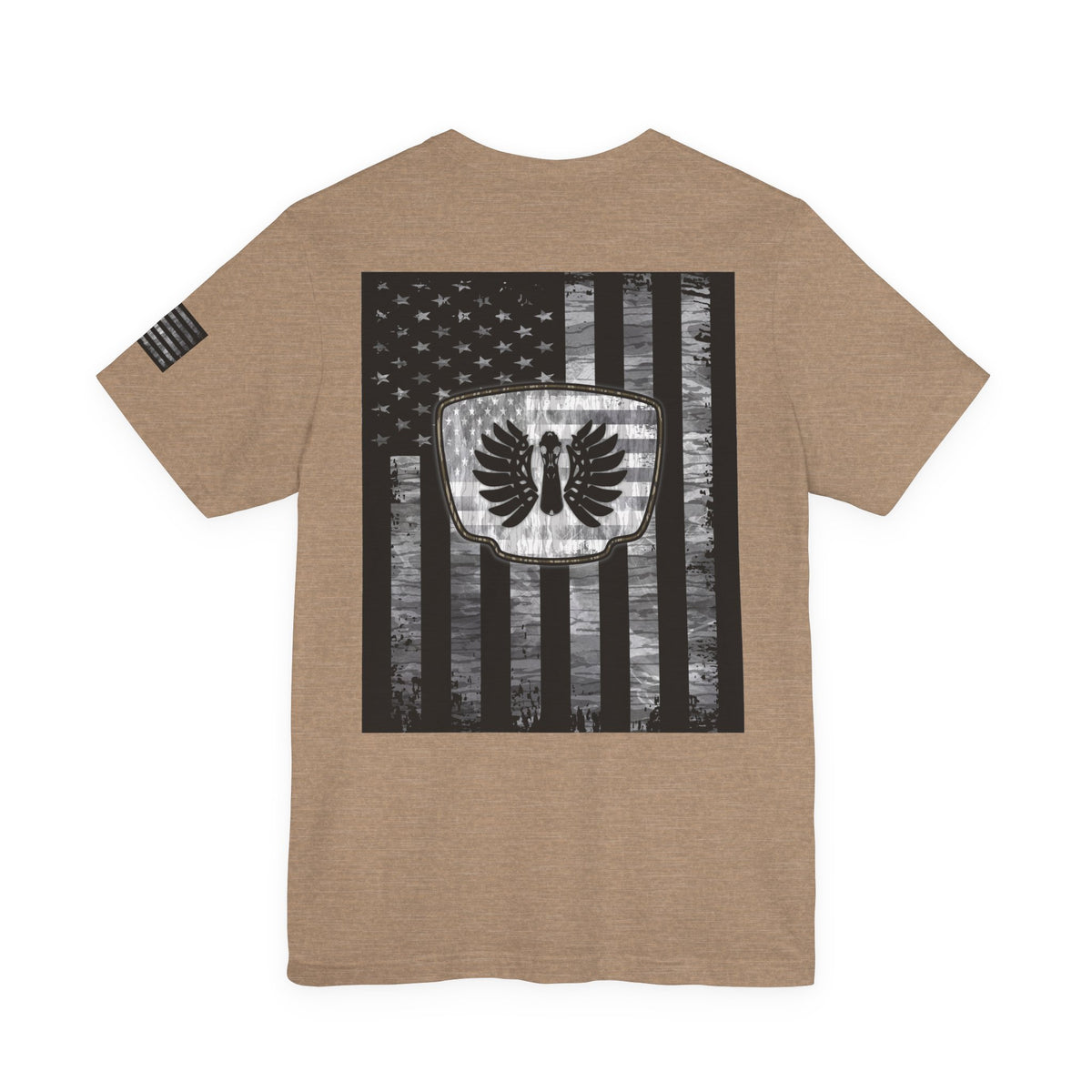 Duck Hunting American Flag Badge T-Shirt – Mossy Camo Print, Crossed Guns & Duck Skull Graphic