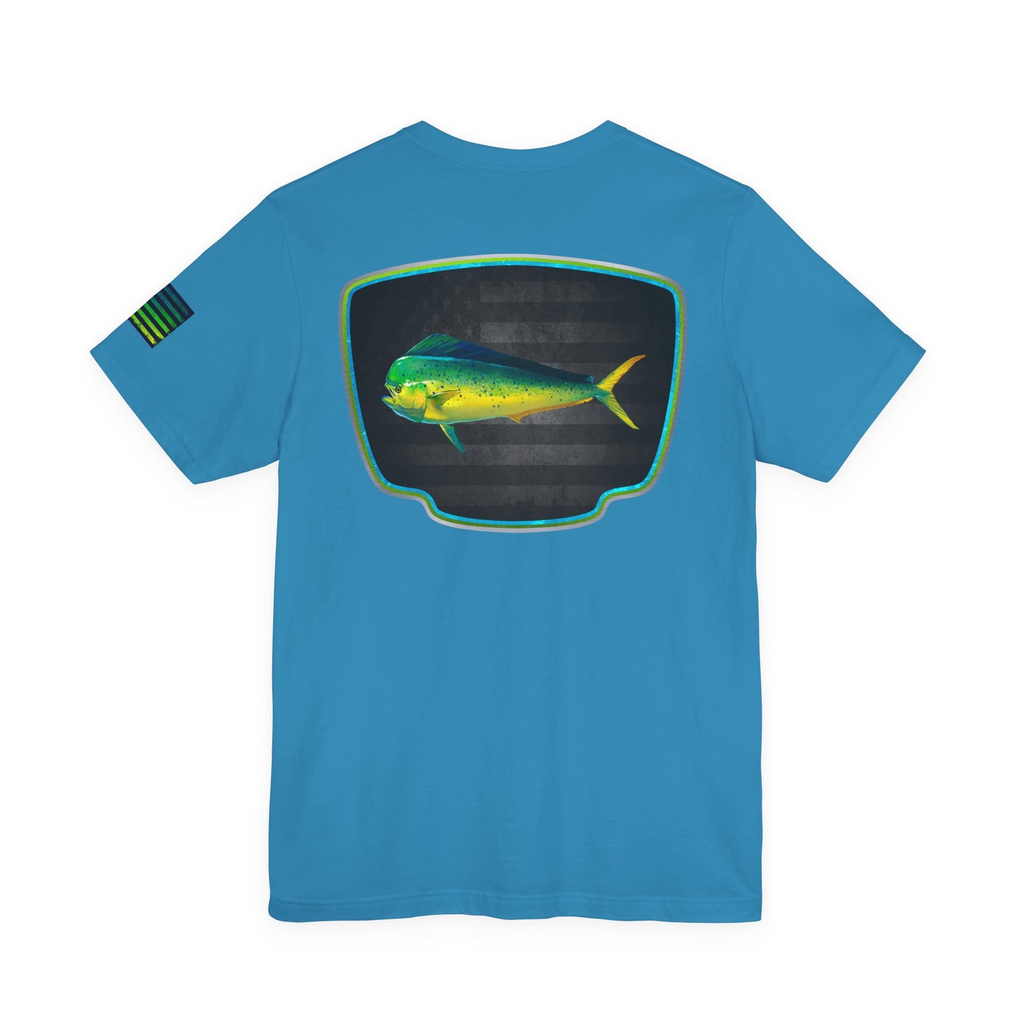 Mahi Mahi Badge Tee with Blackout Flag – Patriotic Saltwater Fishing Shirt