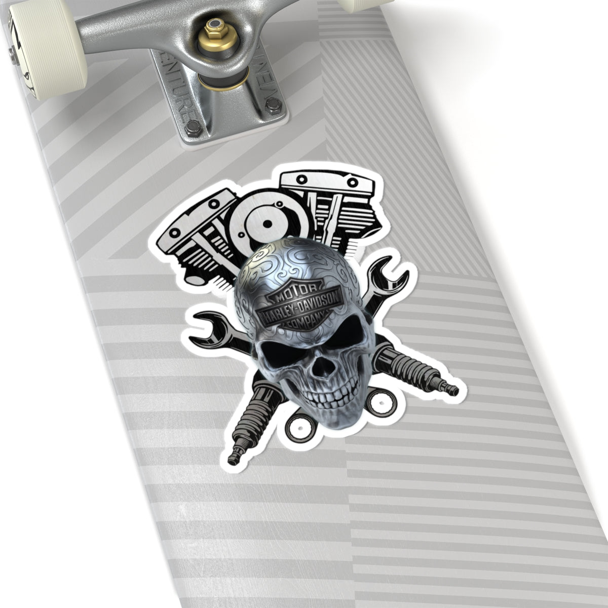 Chrome Skull HD Mechanic Sticker | Wrenches & Engine Harley Decal for Garage, Helmet & Toolboxes, ArtKiss-Cut Stickers