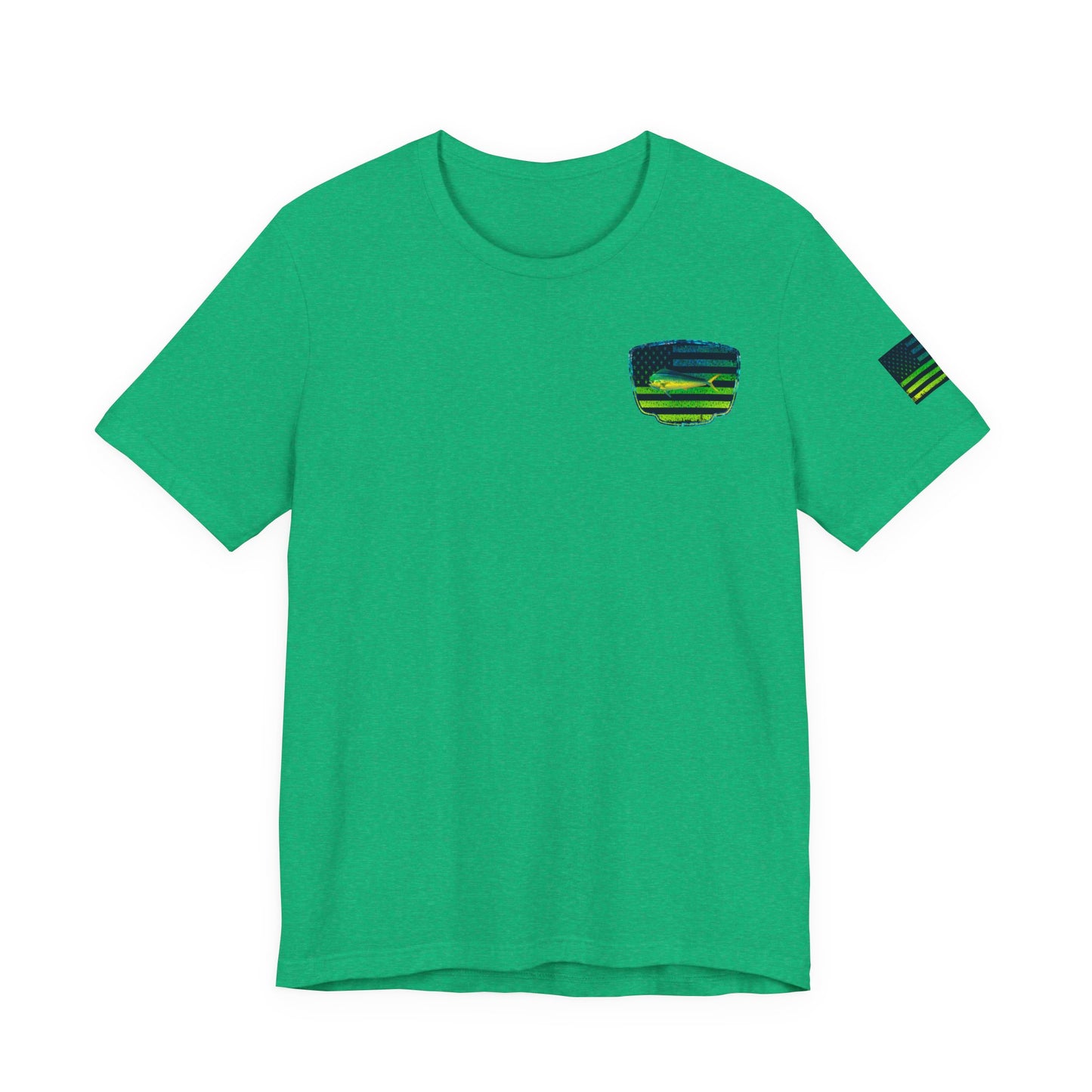 Patriotic Mahi Mahi Flag Tee – Grunge Fishing Badge Shirt for Outdoor Lovers