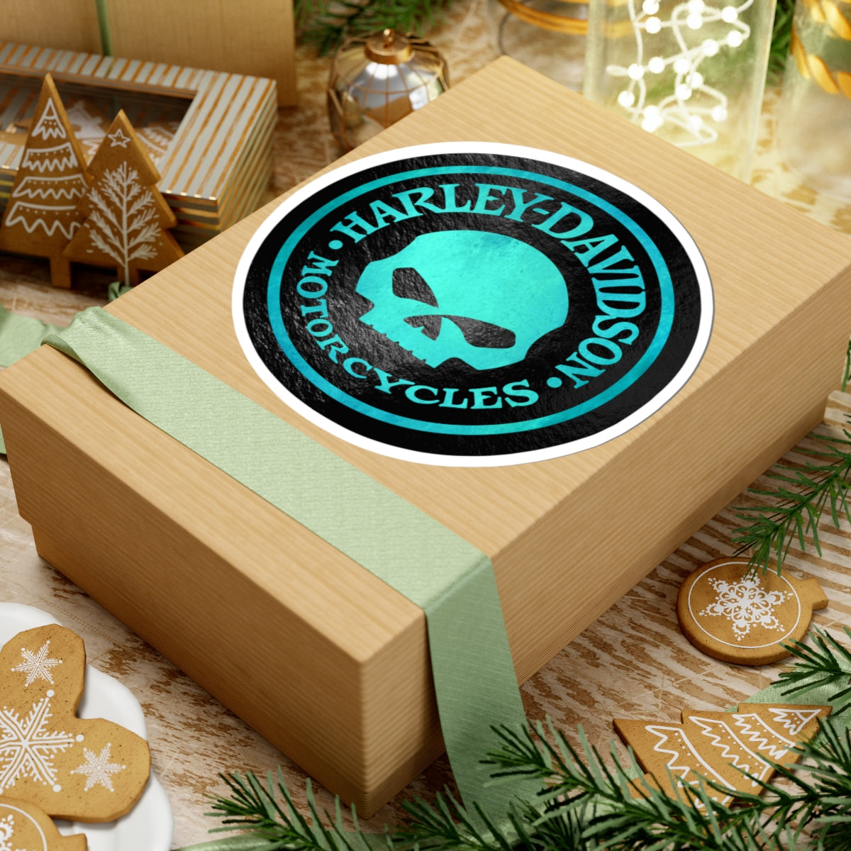 Harley Skull Biker Emblem | Bold Teal Motorcycle Graphic for Decals, Shirts, or Garage Art, ArtKiss-Cut Stickers
