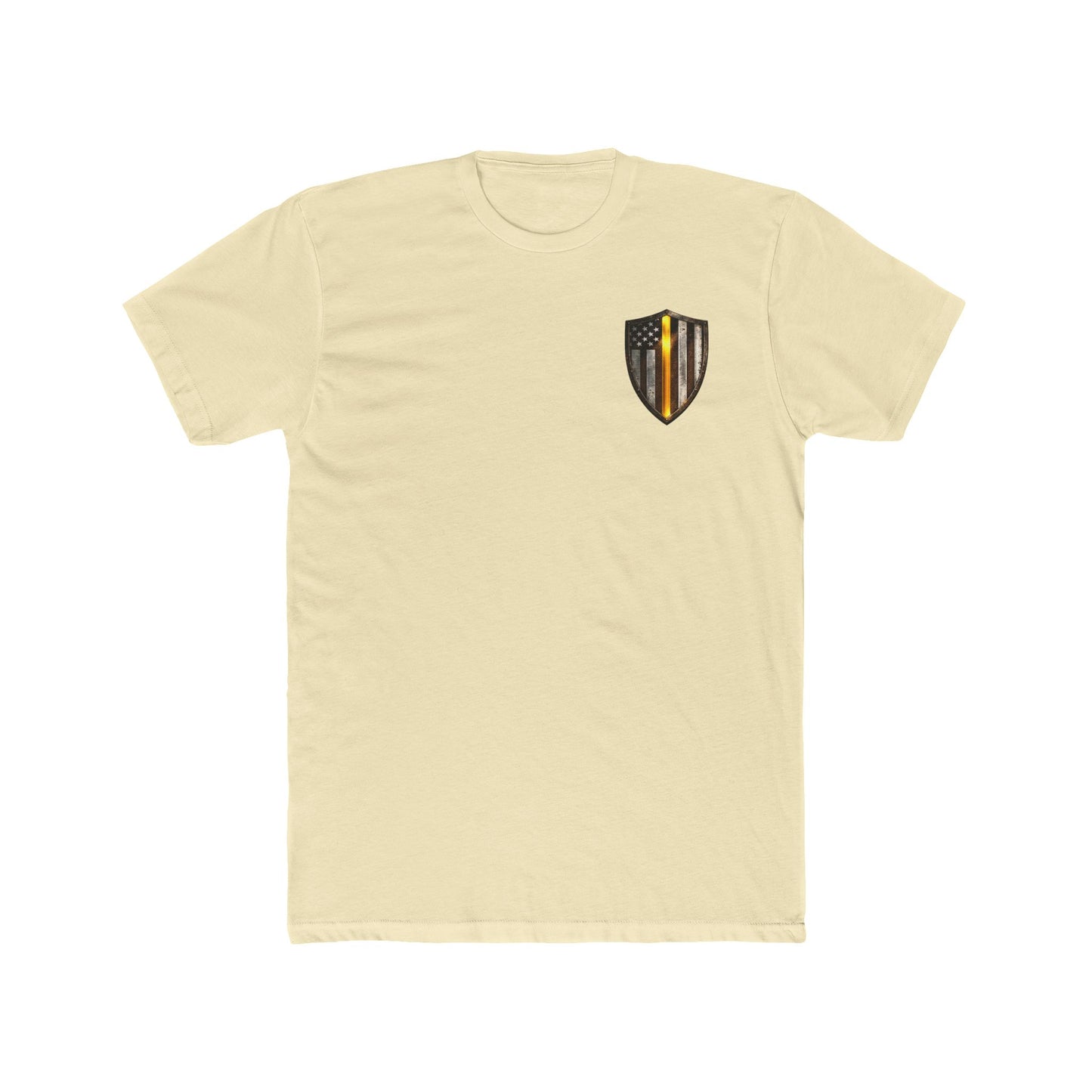 Thin Yellow Line Skull Tee — American Flag Shield & Back Skull Graphic