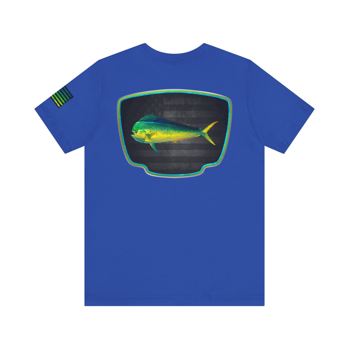 Mahi Mahi Badge Tee with Blackout Flag – Patriotic Saltwater Fishing Shirt