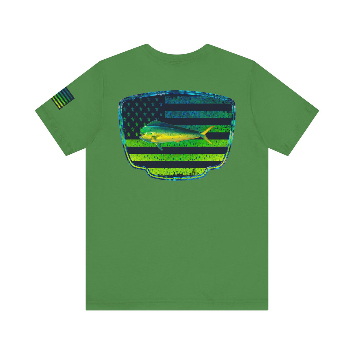 Patriotic Mahi Mahi Flag Tee – Grunge Fishing Badge Shirt for Outdoor Lovers
