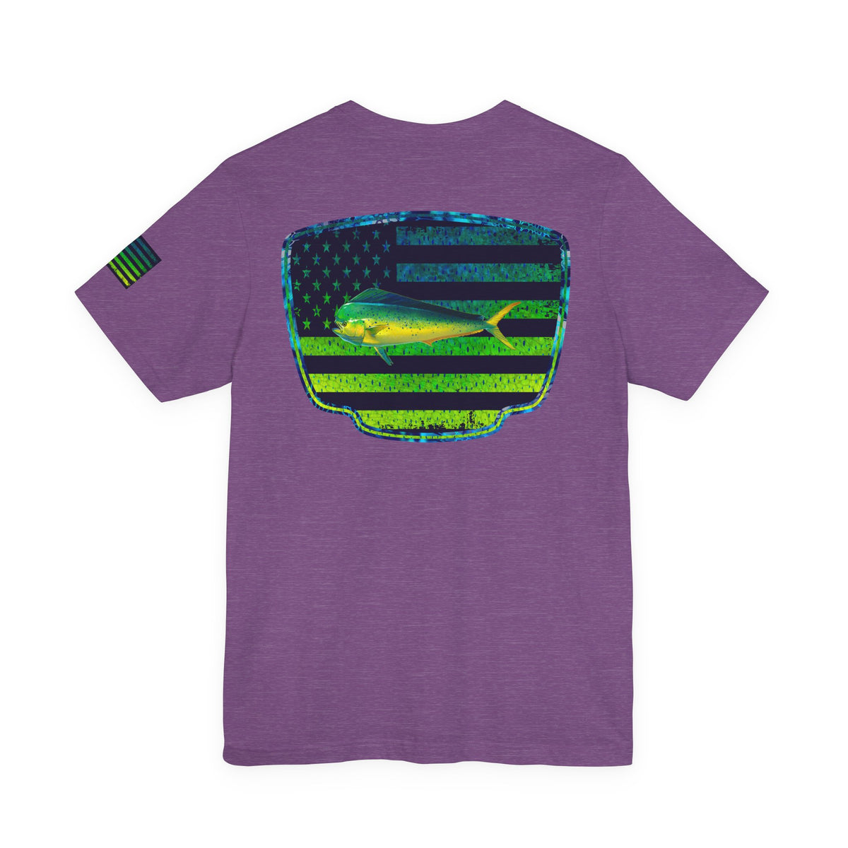 Patriotic Mahi Mahi Flag Tee – Grunge Fishing Badge Shirt for Outdoor Lovers