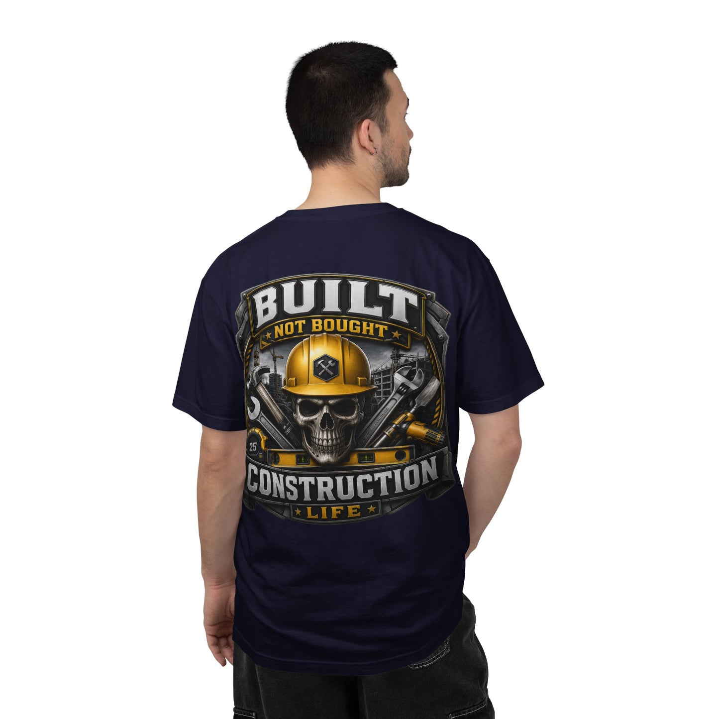 Construction Life T-Shirt — "Built Not Bought" Skull & Hard Hat Crew Tee