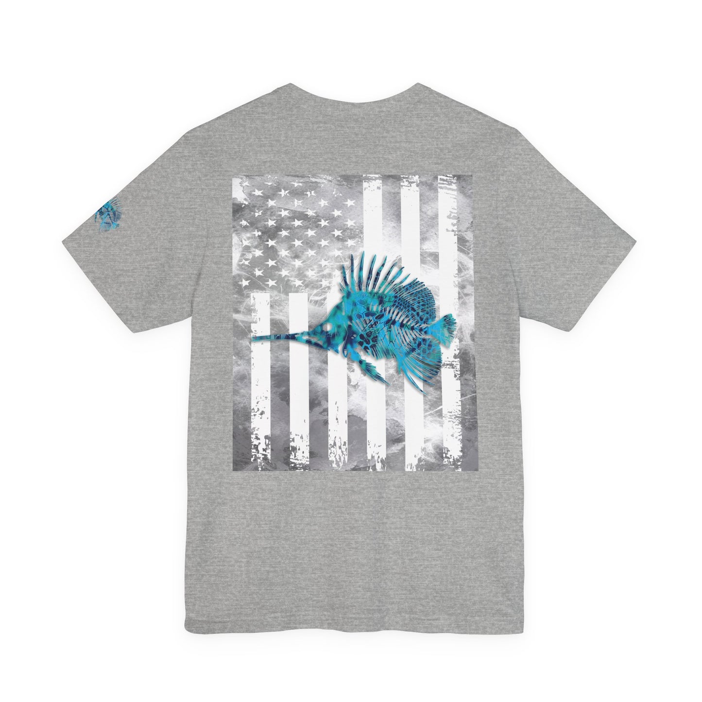Fish Skeleton Grunge American Flag Tee, Patriotic Fishing Shirt, Vintage USA Bones, Fourth of July Apparel,