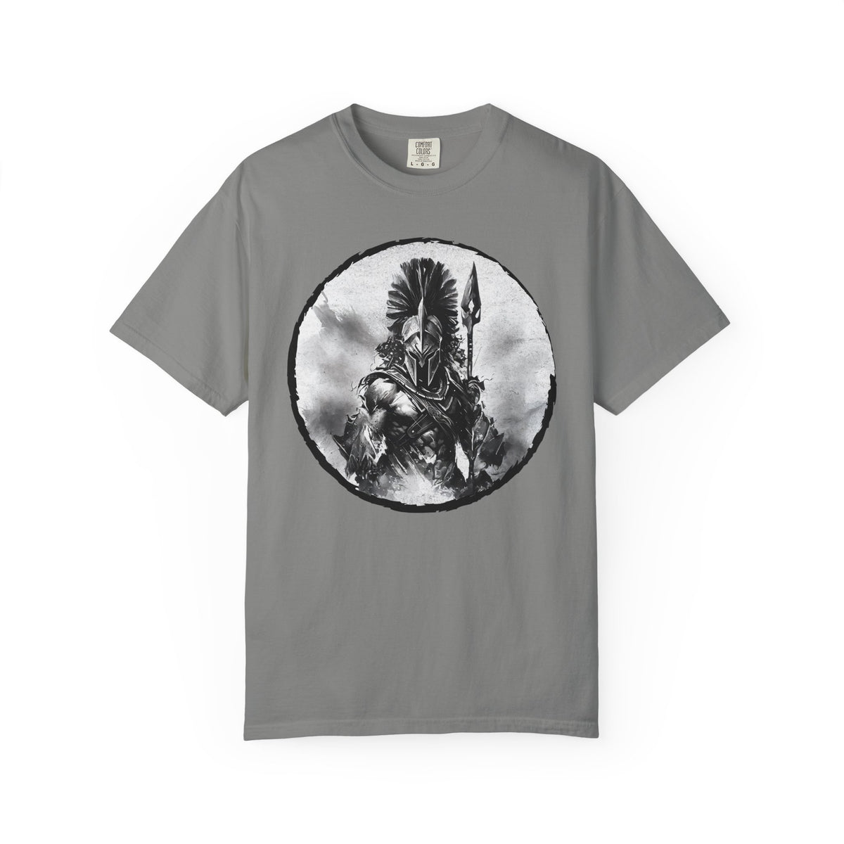 Spartan Warrior T-Shirt – Greek Helmet Circle Design Front & Spear Back | Warrior Graphic Tee