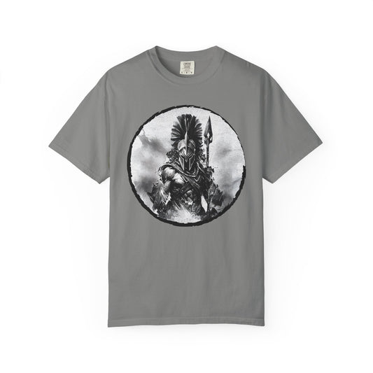 Spartan Warrior T-Shirt – Greek Helmet Circle Design Front & Spear Back | Warrior Graphic Tee