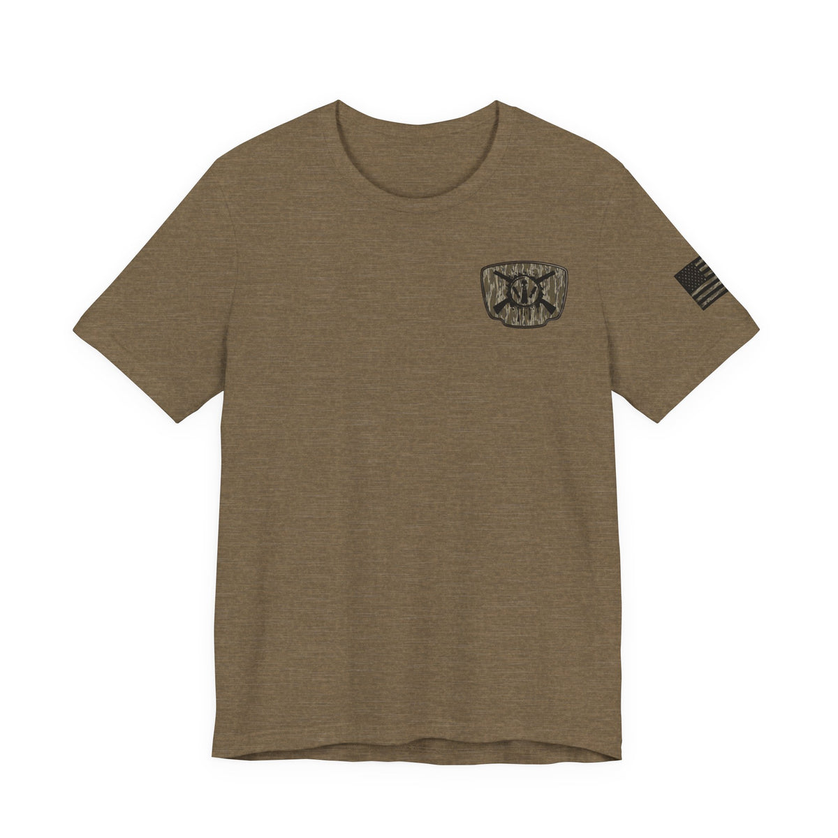 Duck Hunting Badge T-Shirt – Mossy Camo Print, Crossed Guns & Duck Skull Graphic
