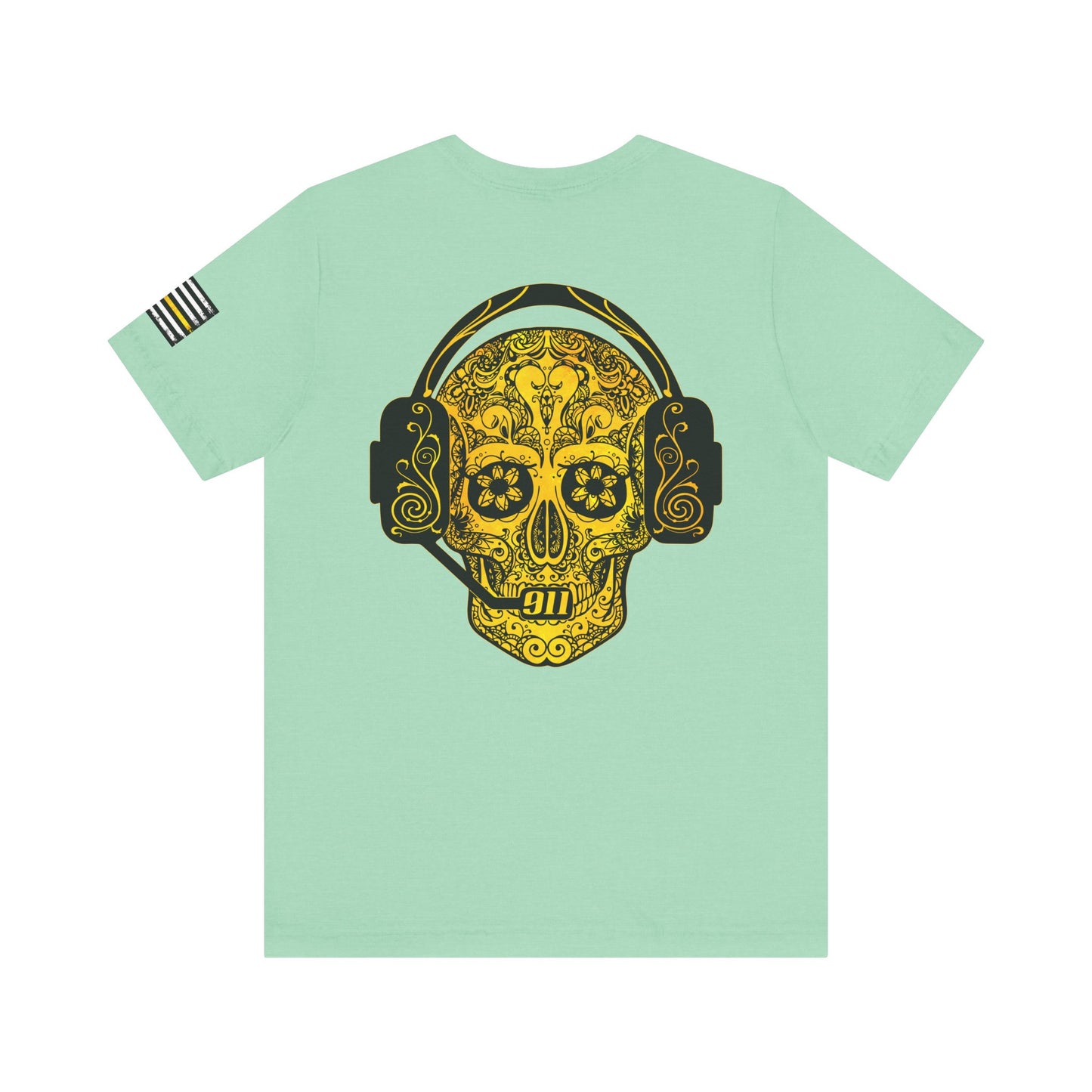 911 Dispatcher Sugar Skull Unisex Tee, Dispatcher Gift, Day of the Dead Shirt, Thin Gold Line,