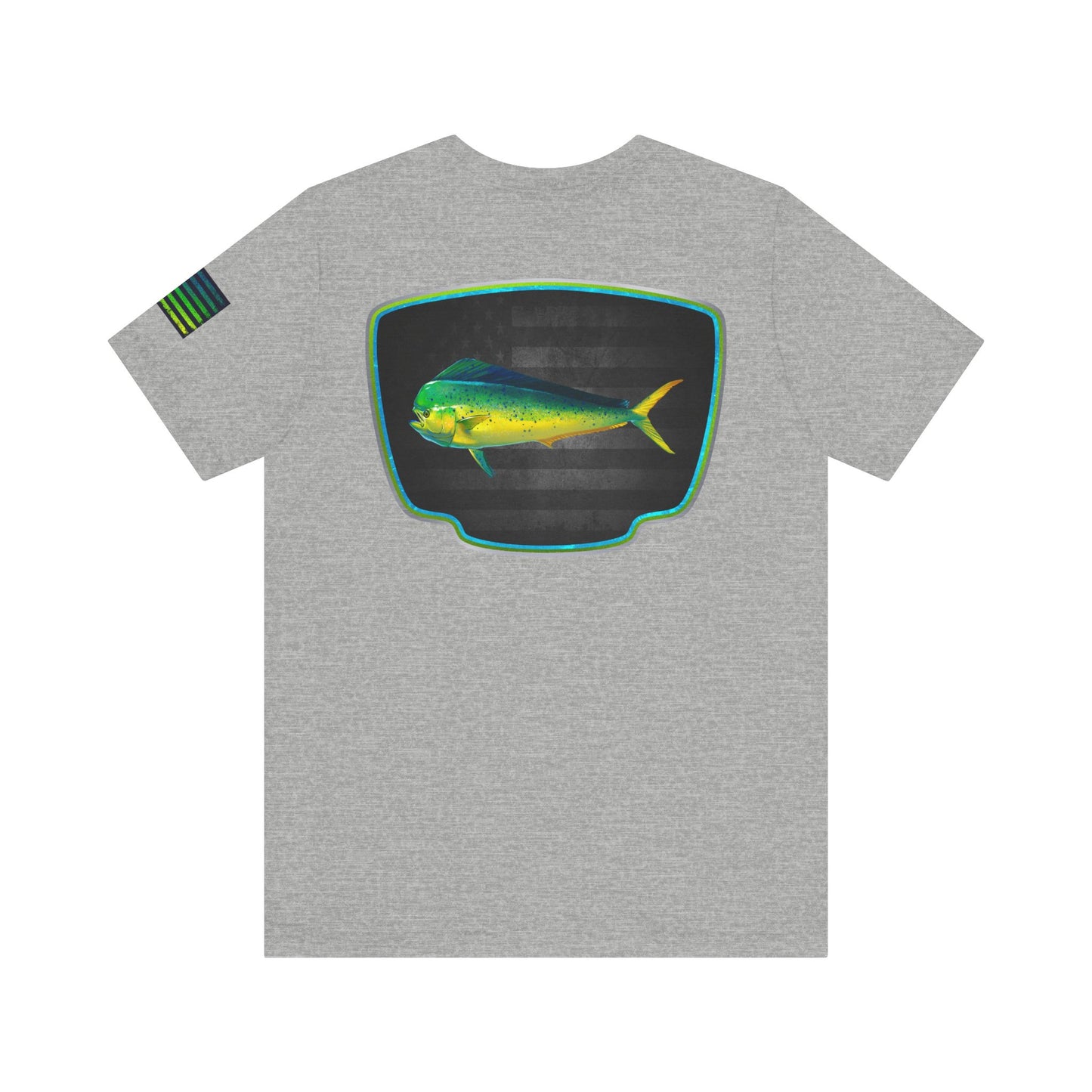Mahi Mahi Badge Tee with Blackout Flag – Patriotic Saltwater Fishing Shirt