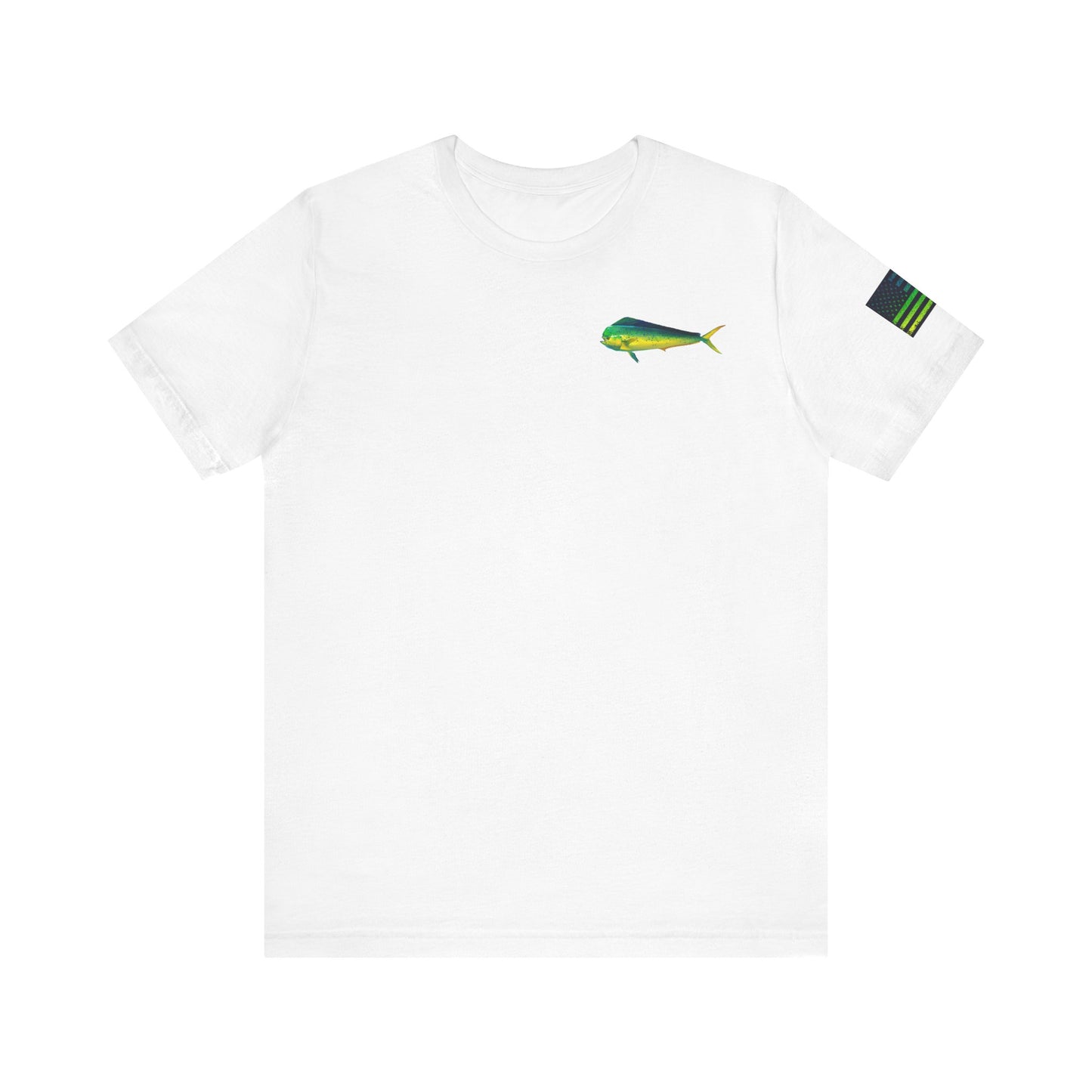 Mahi Mahi Sunglass Badge Tee – White Distressed Flag Fishing Shirt