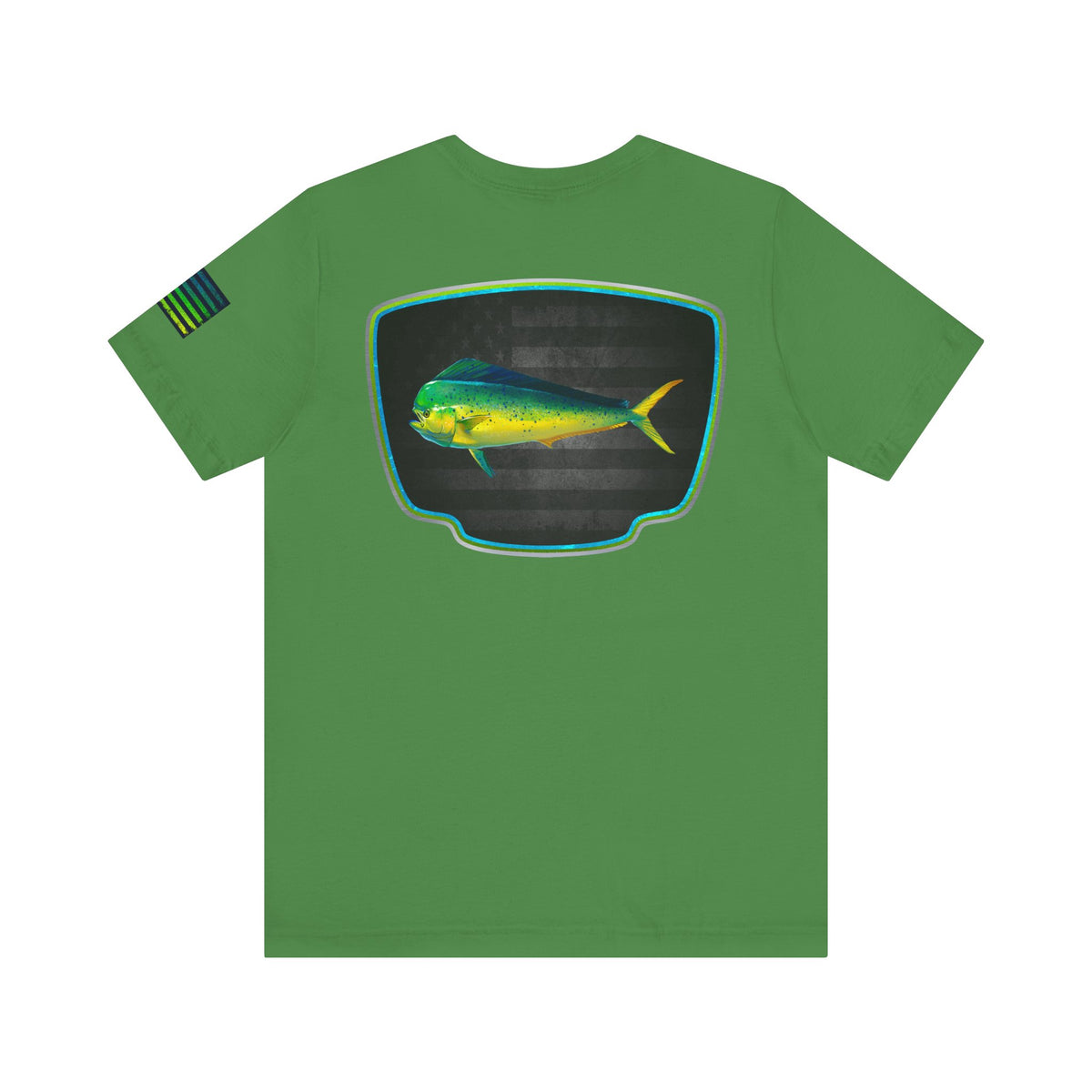 Mahi Mahi Badge Tee with Blackout Flag – Patriotic Saltwater Fishing Shirt