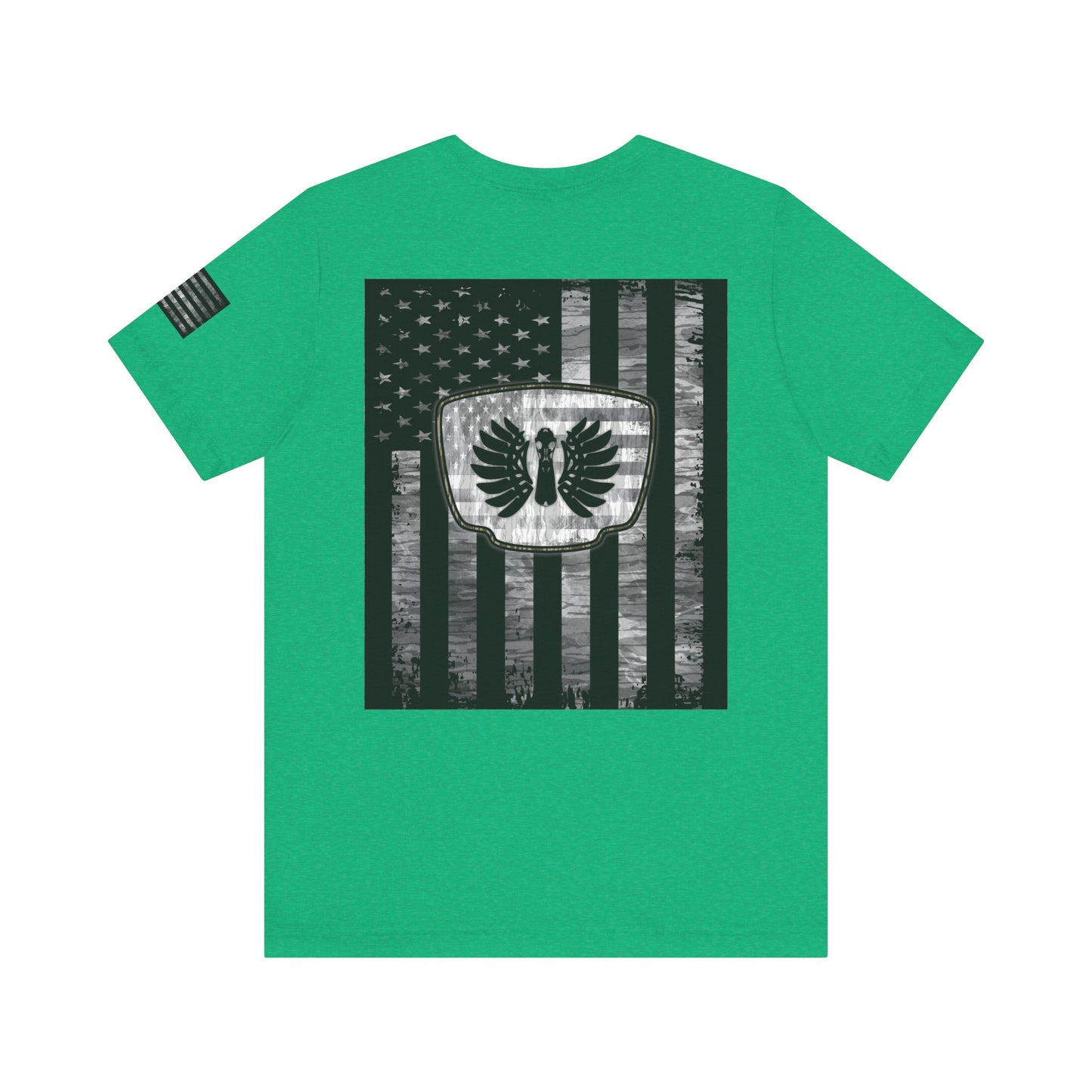 Duck Hunting American Flag Badge T-Shirt – Mossy Camo Print, Crossed Guns & Duck Skull Graphic