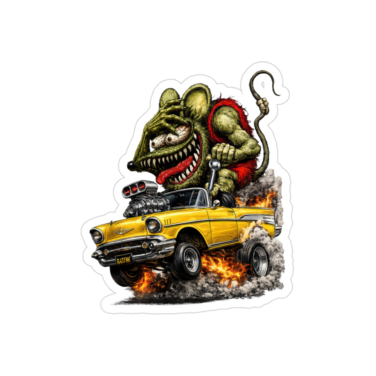 Crazy Rat Gasser Sticker | 1957 Yellow Chevy Bel Air Hot Rod Muscle Car Decal | Vintage Drag Racing Monster Art | Transparent Vinyl Sticker
