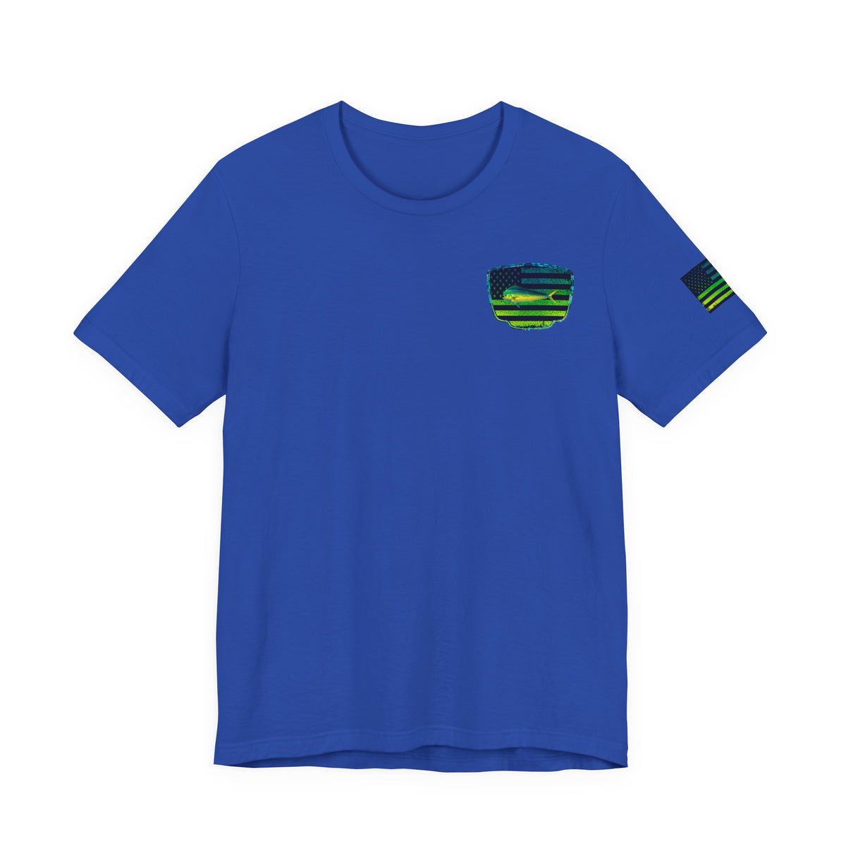 Patriotic Mahi Mahi Flag Tee – Grunge Fishing Badge Shirt for Outdoor Lovers