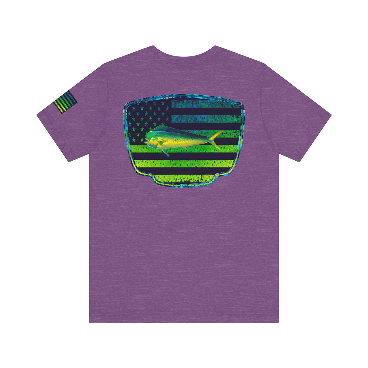 Patriotic Mahi Mahi Flag Tee – Grunge Fishing Badge Shirt for Outdoor Lovers