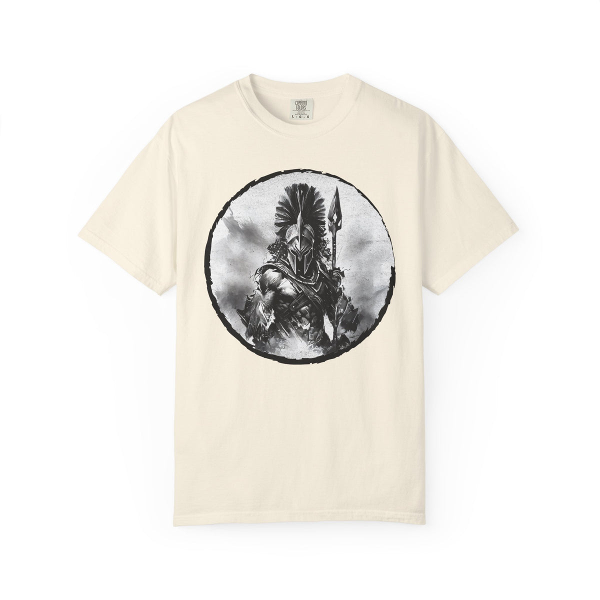 Spartan Warrior T-Shirt – Greek Helmet Circle Design Front & Spear Back | Warrior Graphic Tee