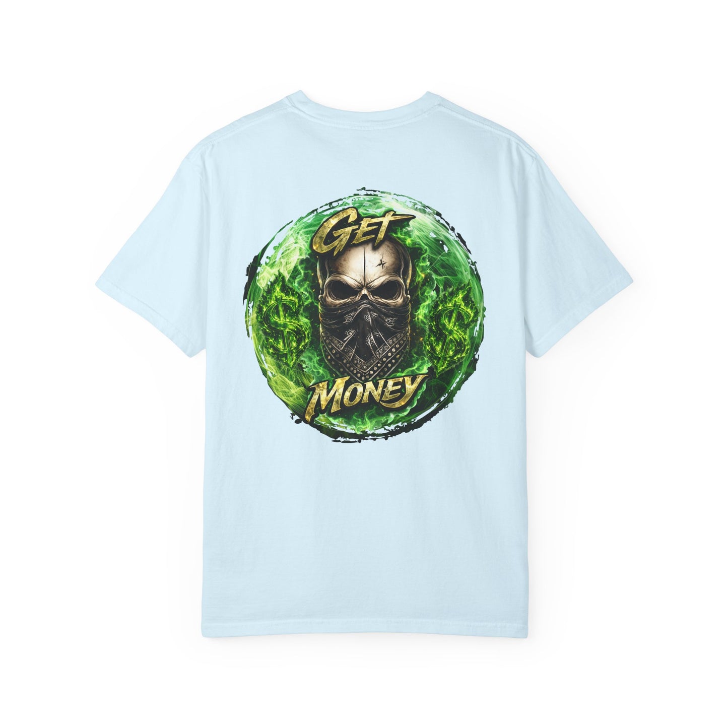 Get Money Skull Graphic Tee – Green Flame Dollar Sign Hustle Streetwear Shirt