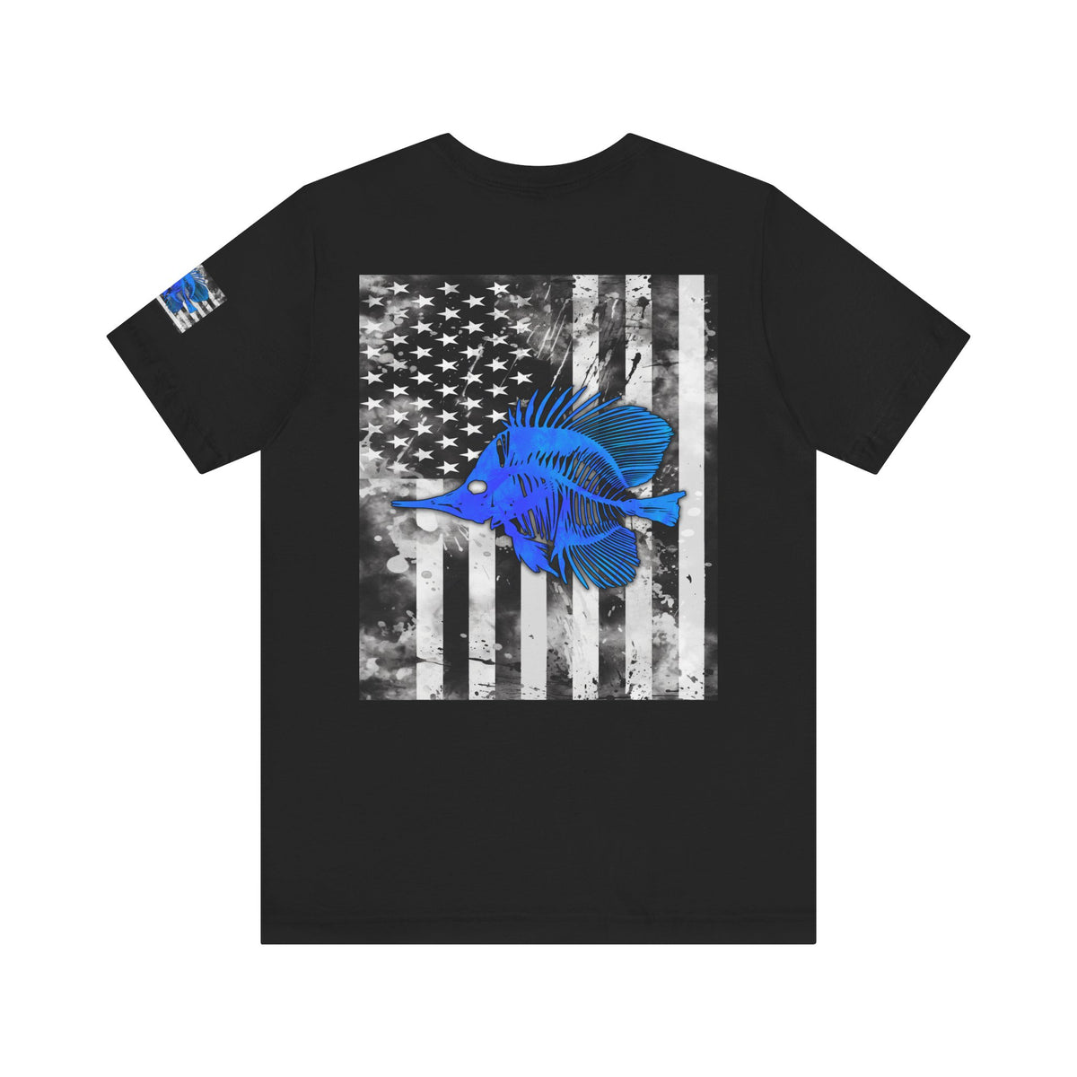 Blue Fish Skeleton Grunge American Flag Tee, Patriotic USA Shirt, Vintage American Flag