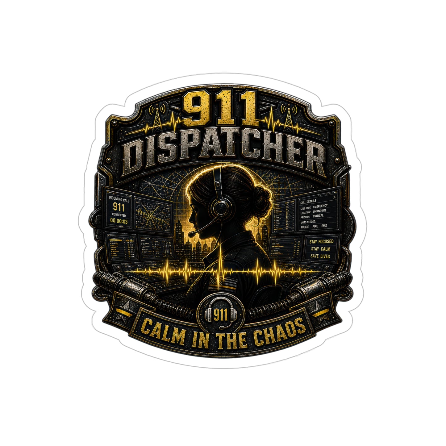 911 Dispatcher Calm In The Chaos Sticker | Emergency Dispatch Operator Decal | Thin Yellow Line Art (Outdoor Transparent)