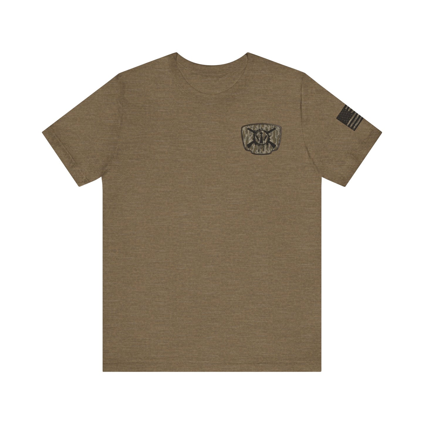 Duck Hunting Badge T-Shirt – Mossy Camo Print, Crossed Guns & Duck Skull Graphic