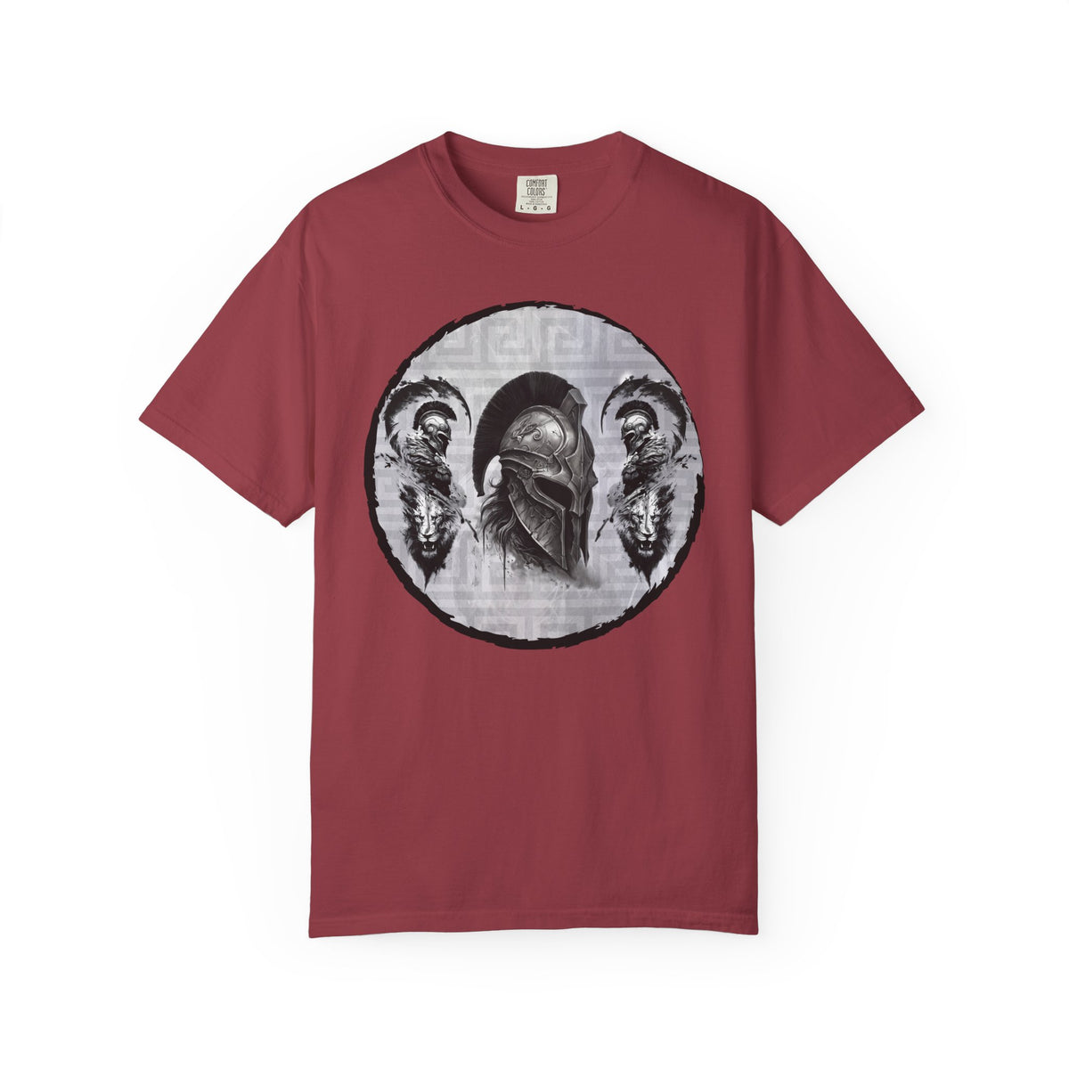 Spartan Warrior T-Shirt – Greek Helmet Circle Design Front & Spear Back | Warrior Graphic Tee