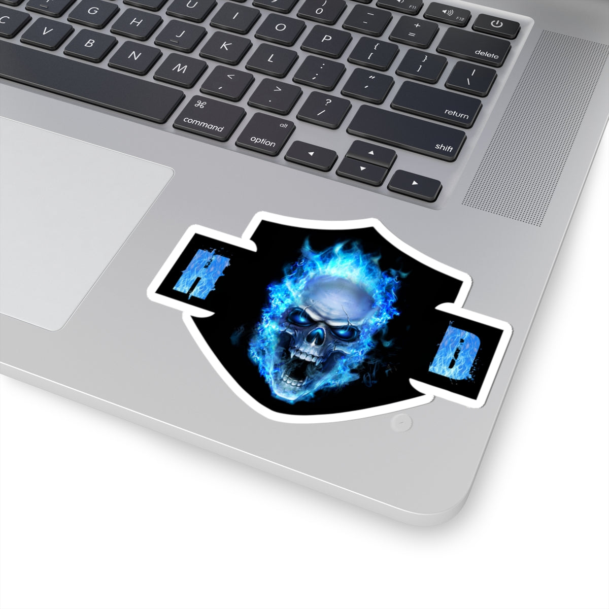 Harley Blue Fire Skull Biker Emblem | Bold Motorcycle Graphic for Decals, Shirts, or Garage Art, ArtKiss-Cut Stickers