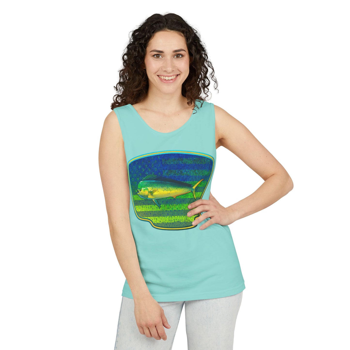 American Mahi Mahi Graphic Tank Top, Summer Apparel, Outdoors Shirt, Fishing Gear, Beachwear, Gifts for Anglers
