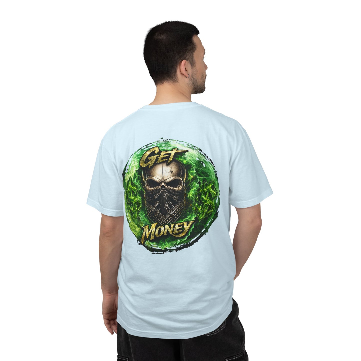 Get Money Skull Graphic Tee – Green Flame Dollar Sign Hustle Streetwear Shirt