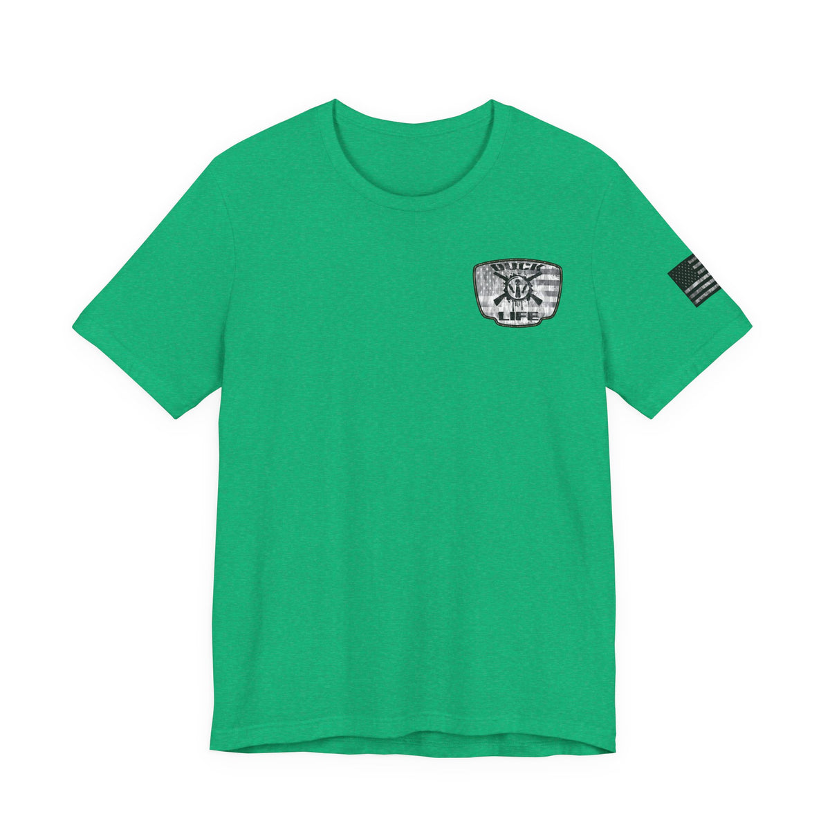 White American Flag Duck Hunting Badge T-Shirt – Mossy Camo Print, Crossed Guns & Duck Skull Graphic