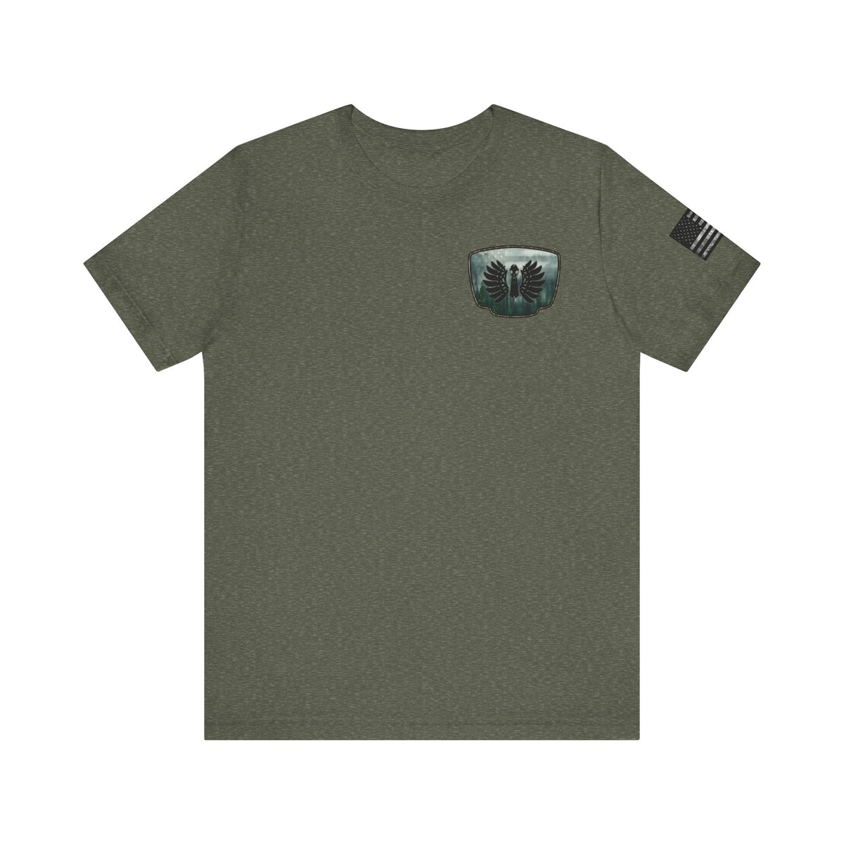 The Forest Duck Hunt Badge T-Shirt – Mossy Camo Print, Crossed Guns & Duck Skull Graphic