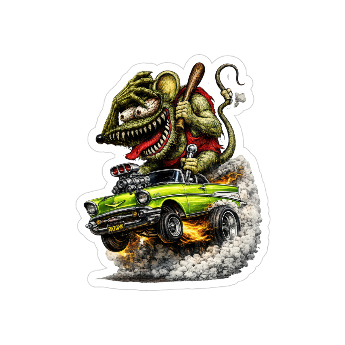 Crazy Rat Gasser Sticker | 1957 Green Chevy Bel Air Hot Rod Muscle Car Decal | Vintage Drag Racing Monster Art | Transparent Vinyl Sticker