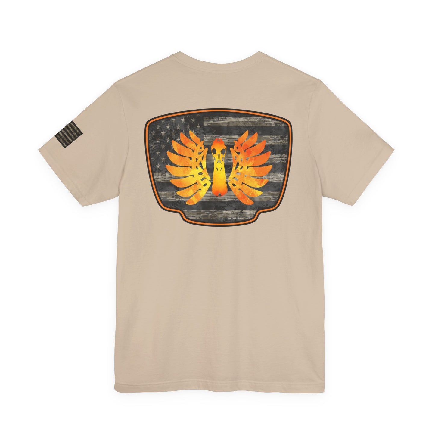 Duck Hunt Badge T-Shirt – Mossy Camo Print, Crossed Guns & Duck Skull Graphic