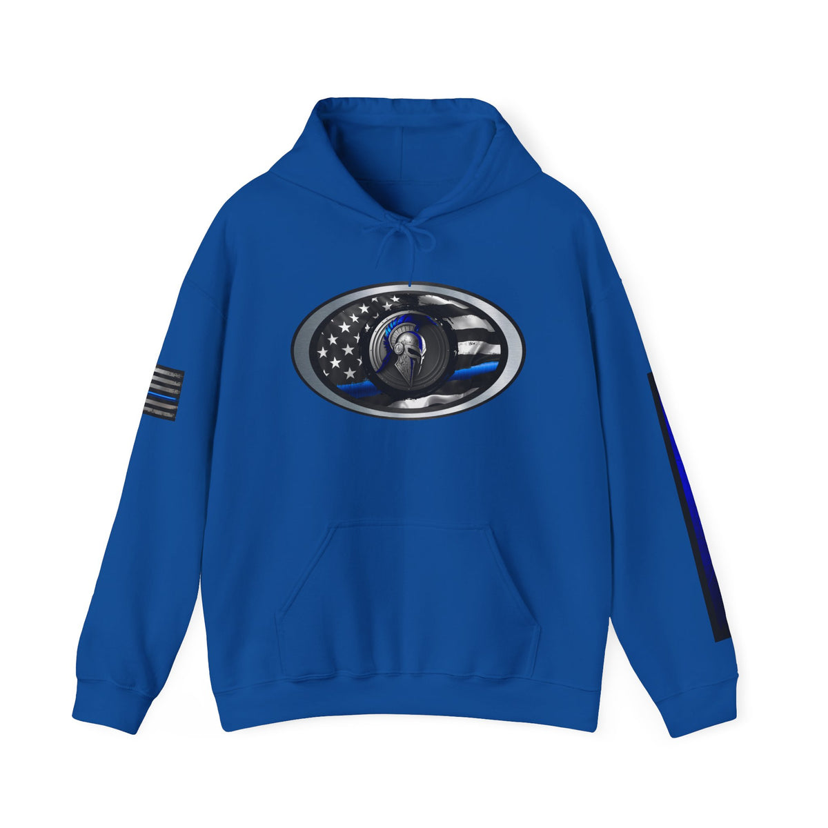 Spartan Thin Blue Line Flag Hoodie – Warrior Helmet Patriotic Sweatshirt for Police Supporters