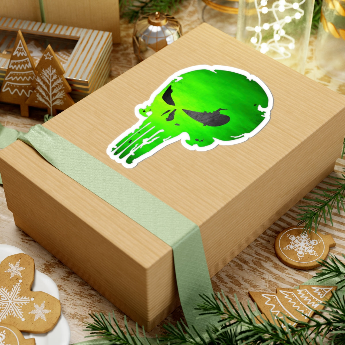 Green Distressed Skull Warrior Sticker – Bold Urban Graphic for Laptops, Water Bottles & More