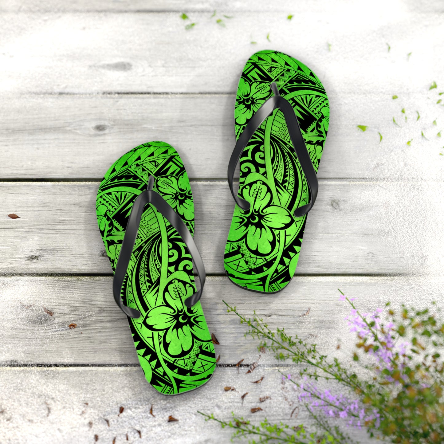 Polynesian Green Flip Flops - Summer Beach Sandals, Vacation Footwear, Poolside Essentials, Outdoor Fun, Tropical Style