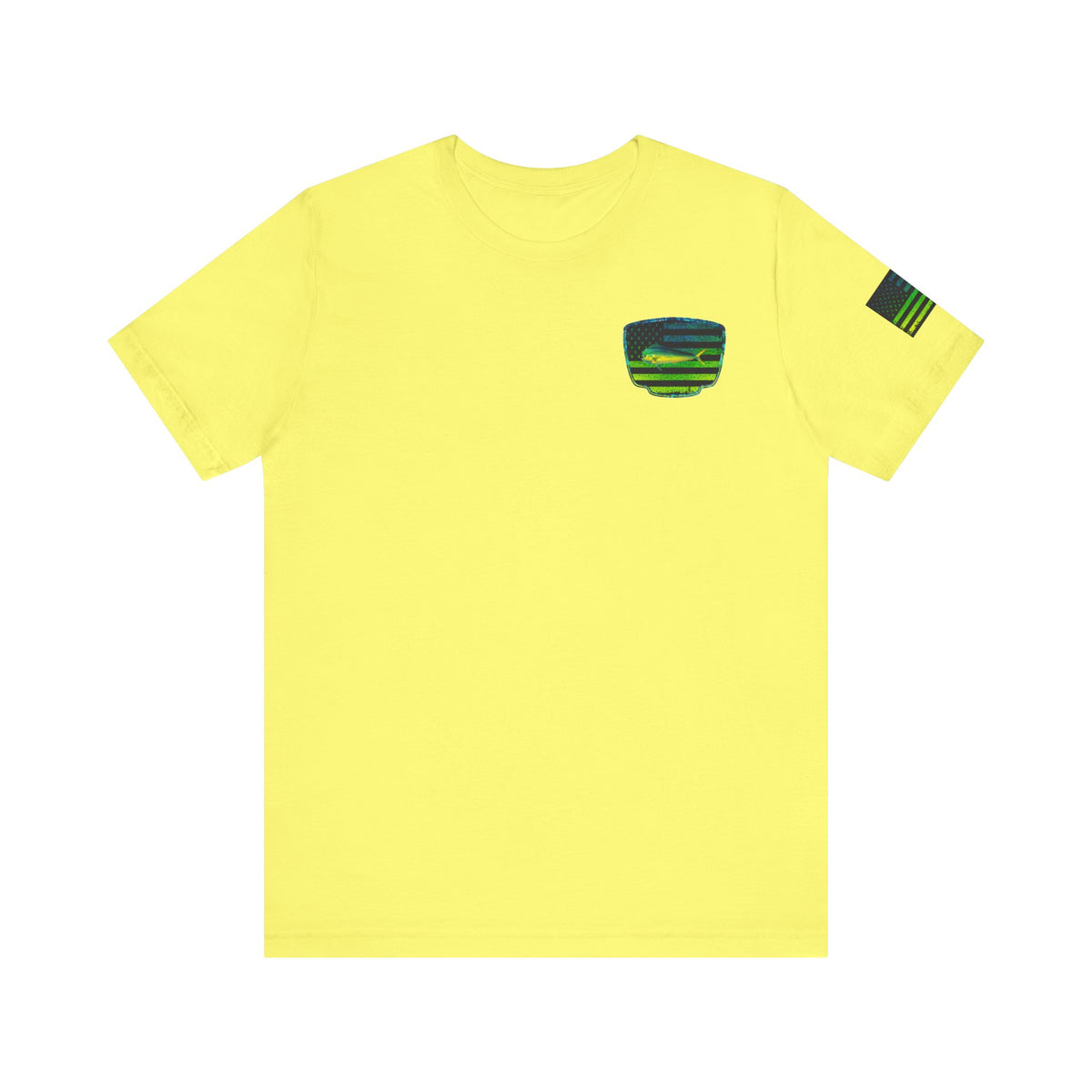 Patriotic Mahi Mahi Flag Tee – Grunge Fishing Badge Shirt for Outdoor Lovers