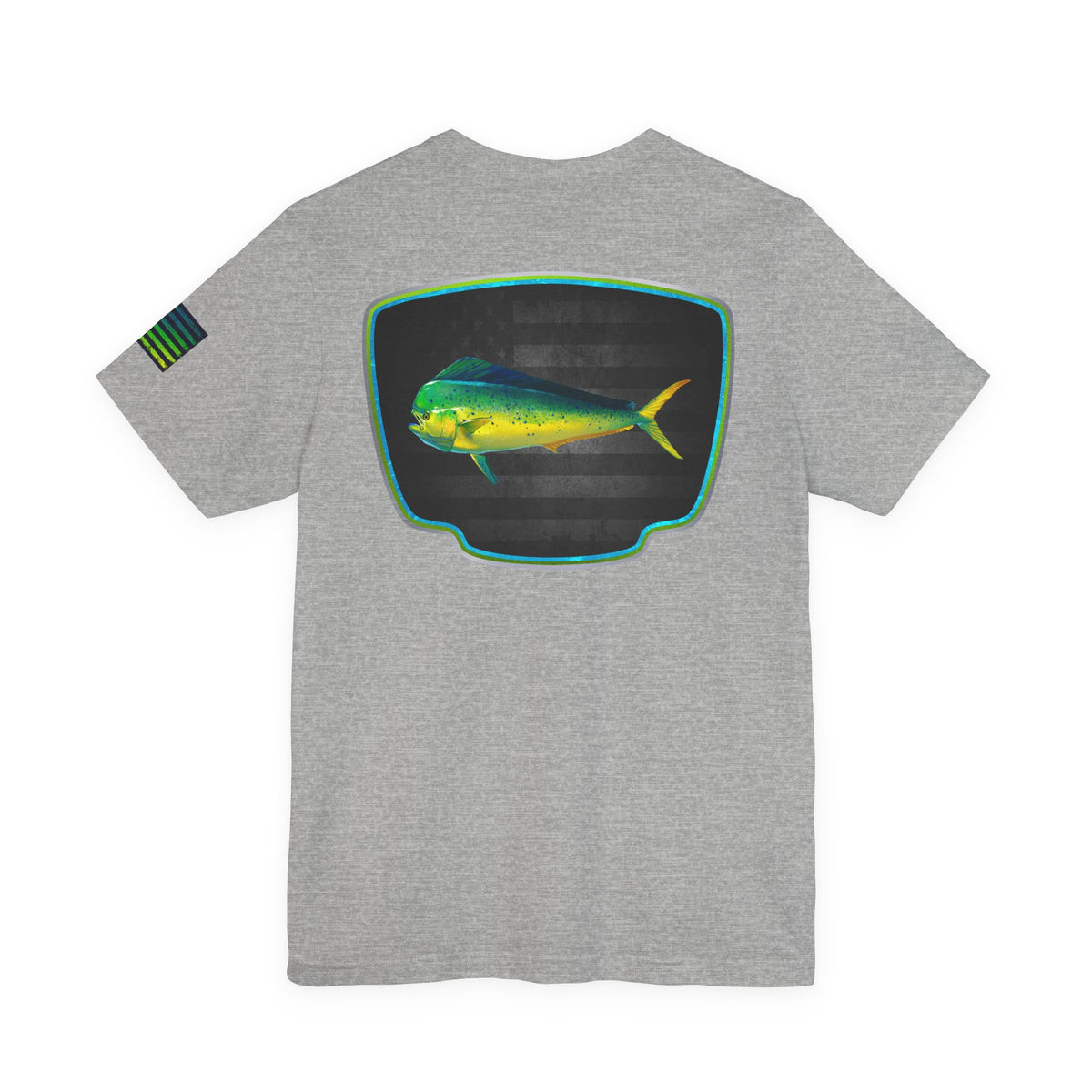Mahi Mahi Badge Tee with Blackout Flag – Patriotic Saltwater Fishing Shirt