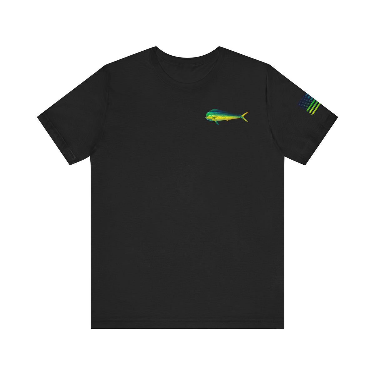 Mahi Mahi Badge Tee with Blackout Flag – Patriotic Saltwater Fishing Shirt